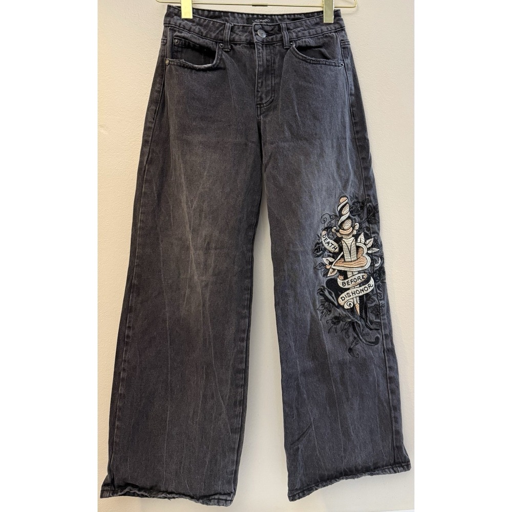 Ed Hardy Loose Wide Leg Jeans Death Before Dishonor Patch Logo Black Women Sz 26